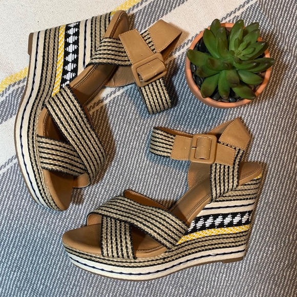 Cato Shoes - Cato Yellow and Black Tribal Print Wedges; 10M